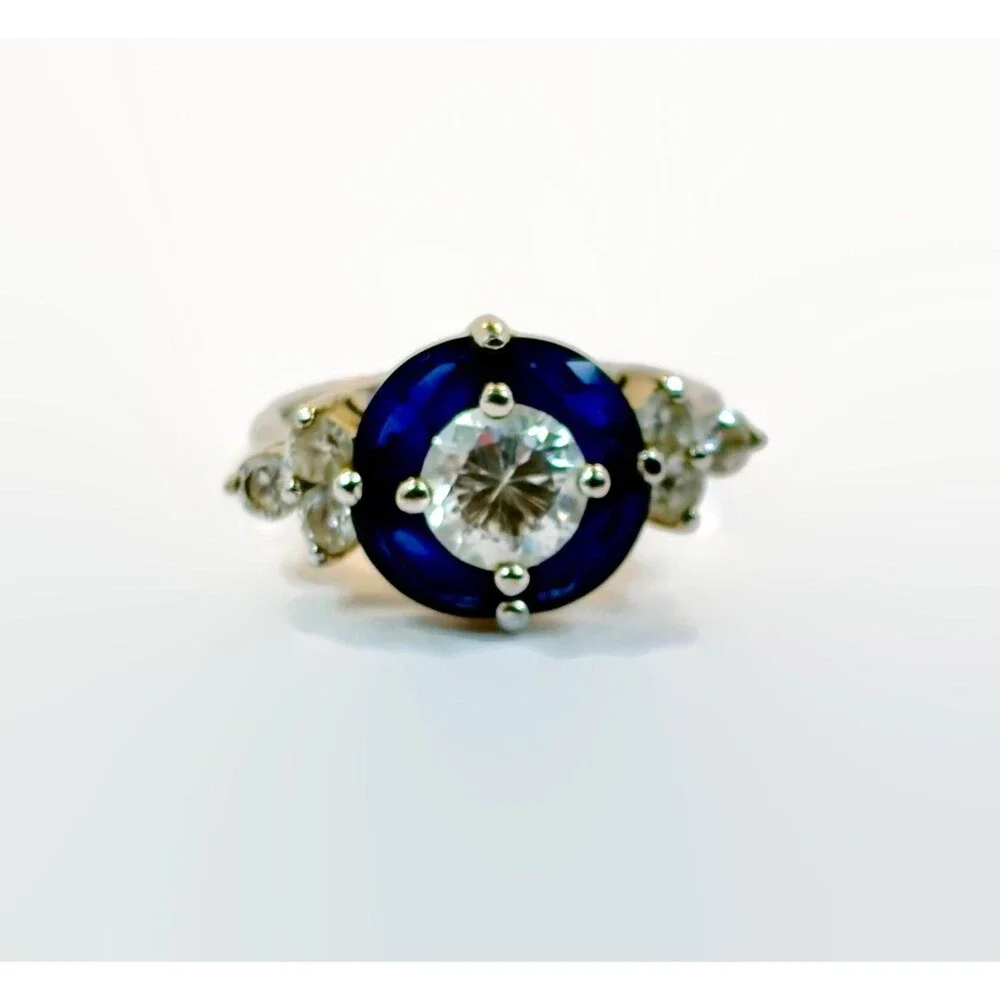 Art Deco Style Ring, Sterling Silver, Vintage, Designer, Faux Blue Sapphire, CZs